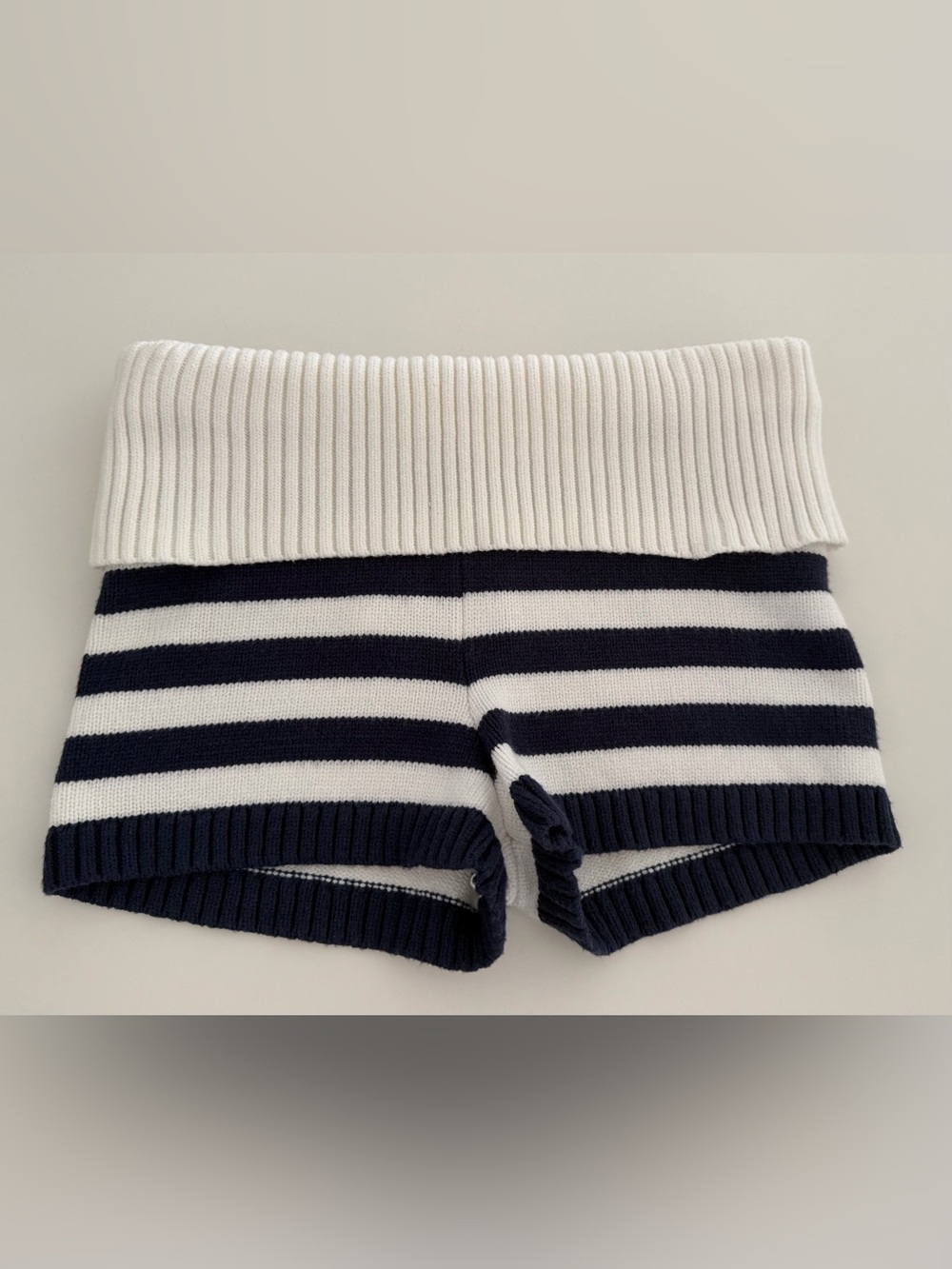 Edikted Navy and White Striped Knit Shorts